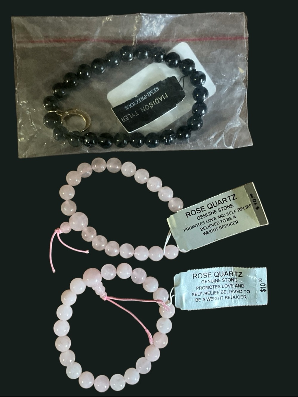 Lot of Three Semi-Precious Gem Stretch Bracelets Pink Quartz and Onyx New
